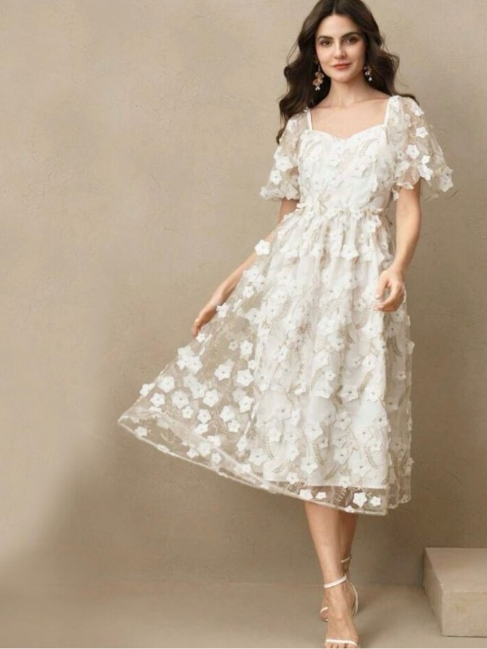 ANEWSTA FLORAL WHITE GOLD ROMANTIC MIDI DRESS ELEGANT ETHEREAL BLOOMCORE MED